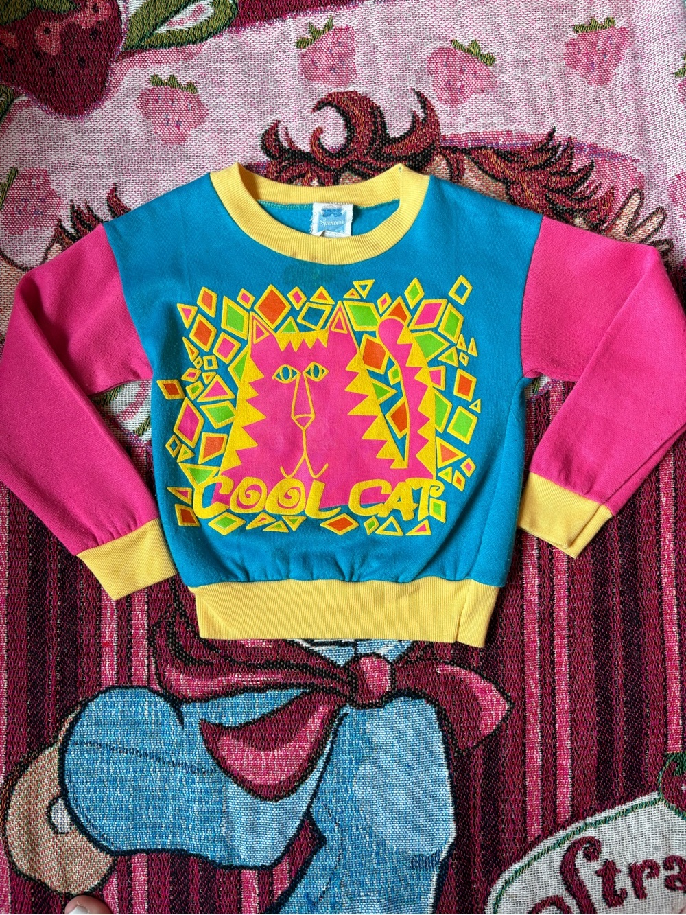 Vintage neon Cool Cat Colorblock Kids Sweatshirt - Pink, Blue & Yellow sz6